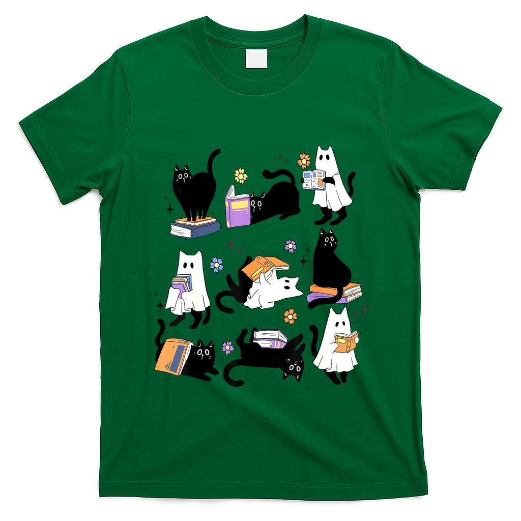 Halloween Bookish Cute Ghost Black Cat Reading Books Spooky Gift T-Shirt - Irish Green