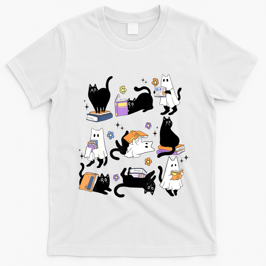 Halloween Bookish Cute Ghost Black Cat Reading Books Spooky Gift T-Shirt - White