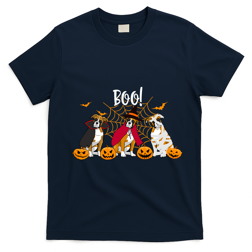 Halloween Boxer Dog Boo With Pumpkin Funny Gifts T-Shirt - Navy Blue
