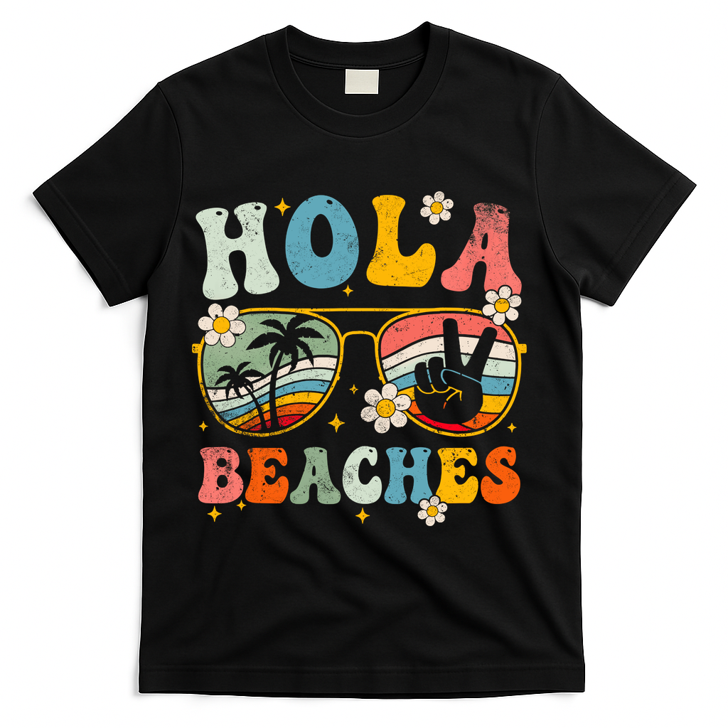 Hola Beaches Groovy Retro Funny Beach Vacation Summer T-Shirt - Black