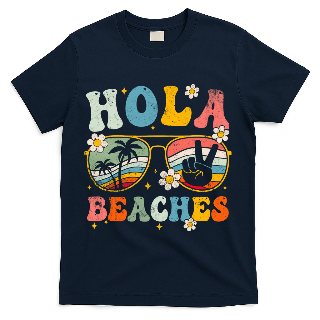 Hola Beaches Groovy Retro Funny Beach Vacation Summer T-Shirt - Navy