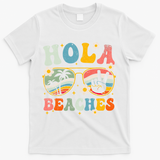 Hola Beaches Groovy Retro Funny Beach Vacation Summer T-Shirt - White