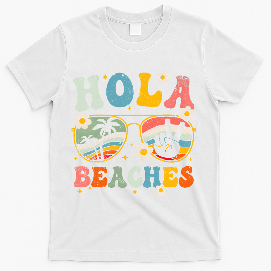 Hola Beaches Groovy Retro Funny Beach Vacation Summer T-Shirt - White