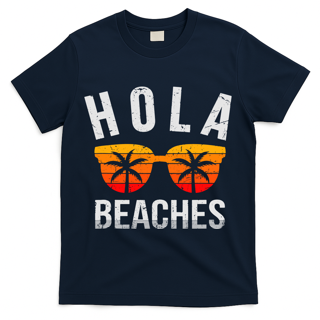 Hola Beaches Tank Top Funny Beach Vacation Shirt Summer T-Shirt - Navy
