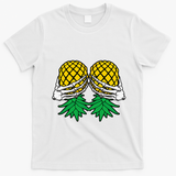 Halloween Boob Upside Down Pineapple Swinger Skeleton Hand T-Shirt - White