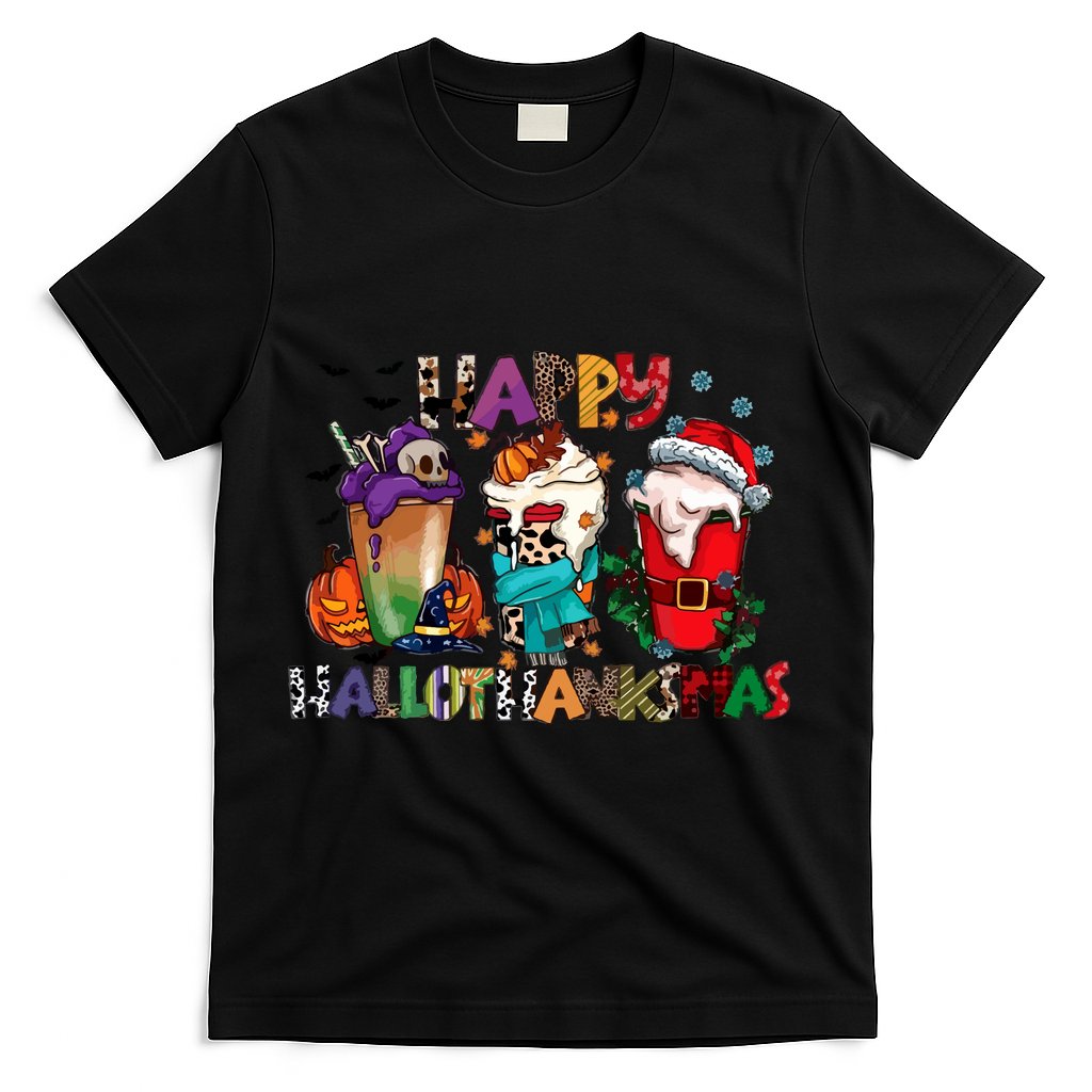 Hallothanksmas Coffee Fall Vibes Cute Halloween Thanksgiving T-Shirt - Black