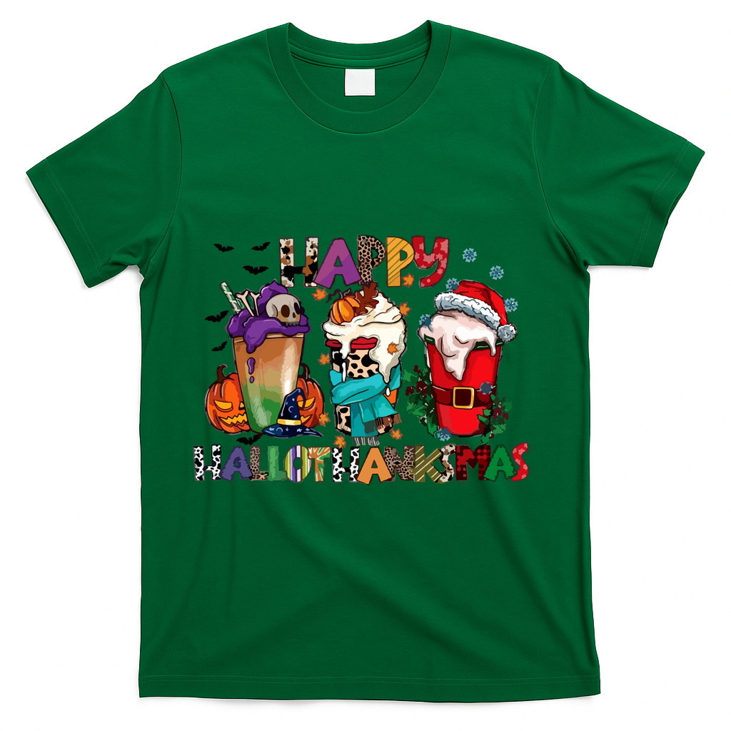 Hallothanksmas Coffee Fall Vibes Cute Halloween Thanksgiving T-Shirt - Green