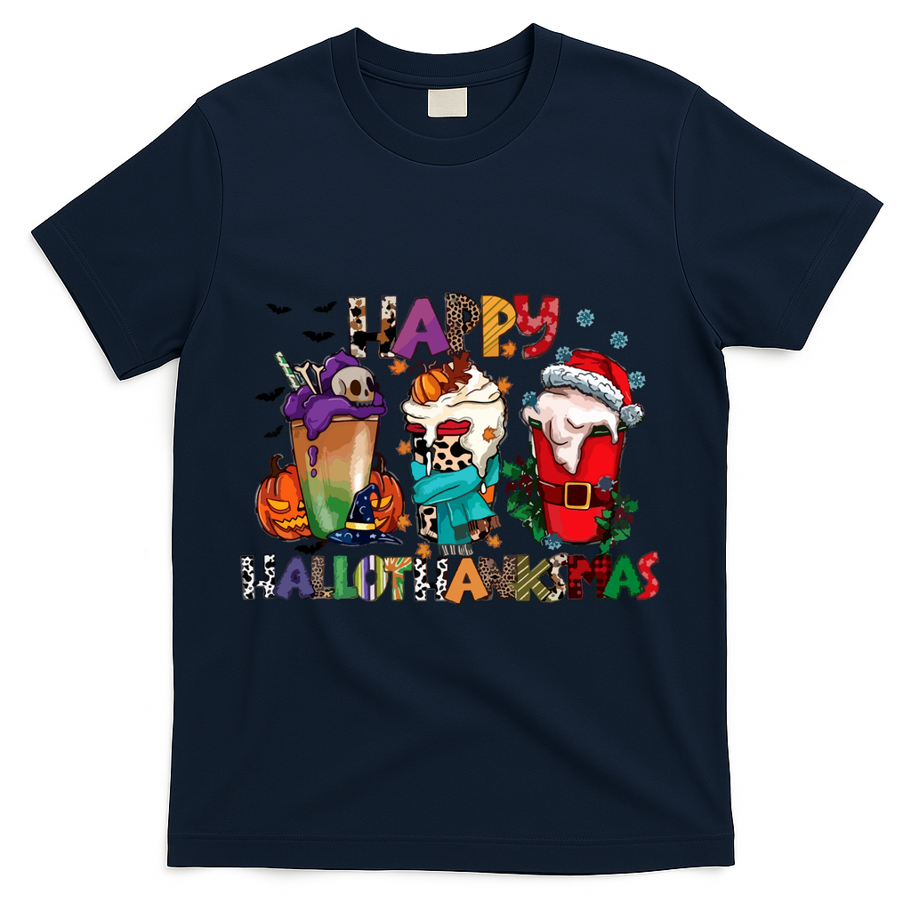 Hallothanksmas Coffee Fall Vibes Cute Halloween Thanksgiving T-Shirt - Navy