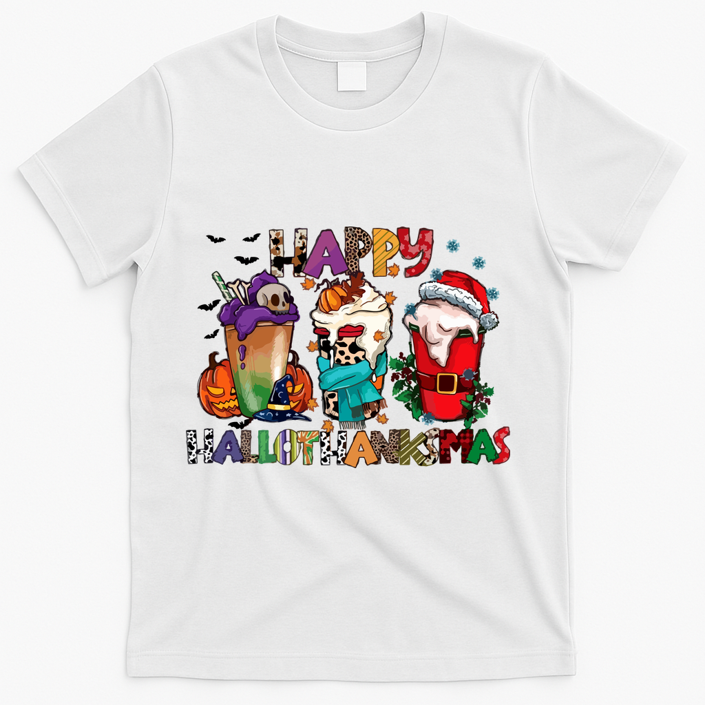 Hallothanksmas Coffee Fall Vibes Cute Halloween Thanksgiving T-Shirt - White