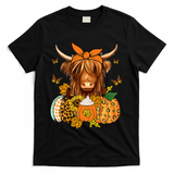 Highland Cow Fall And Leaves Pumpkins Autumn Thanksgiving T-Shirt - Black