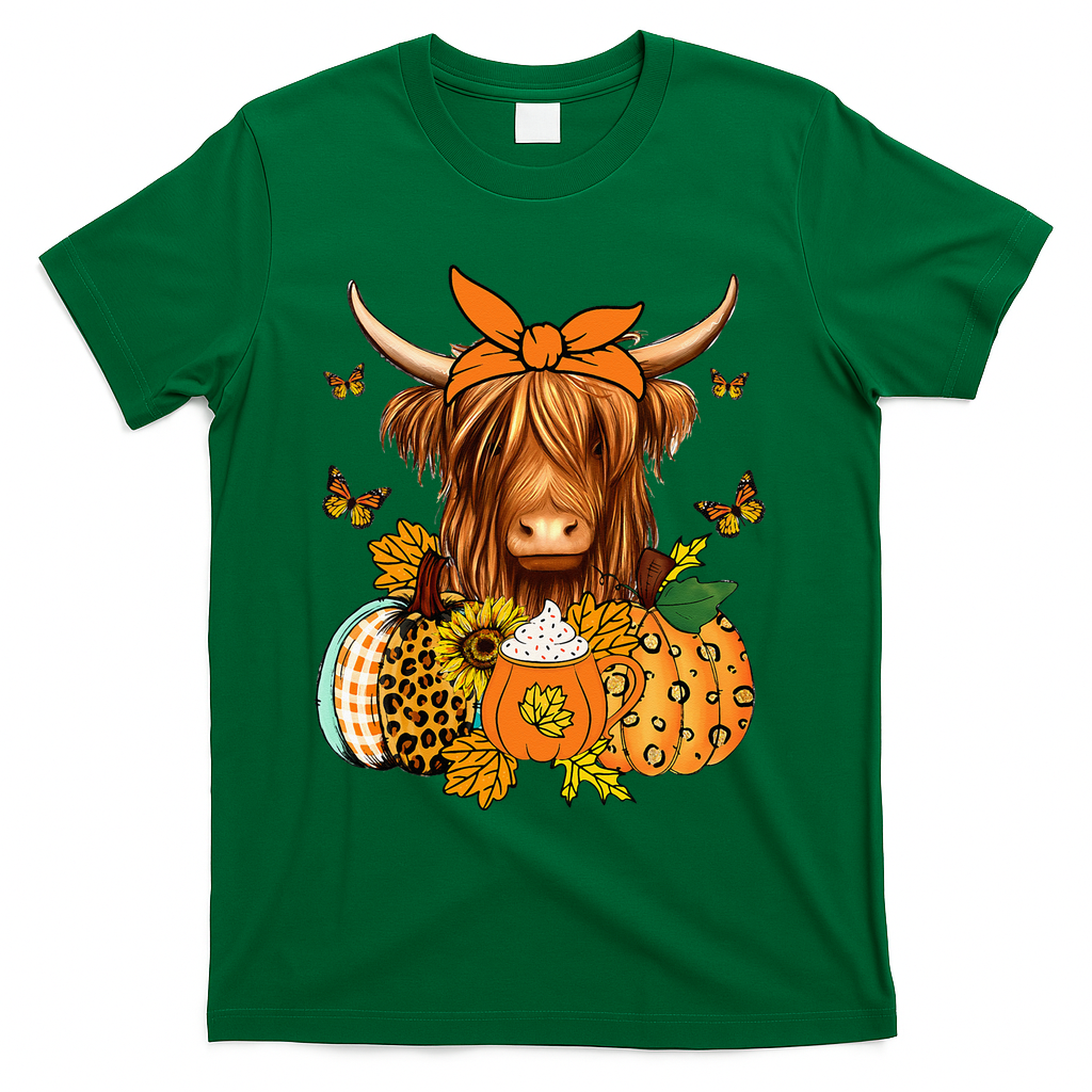 Highland Cow Fall And Leaves Pumpkins Autumn Thanksgiving T-Shirt - Green