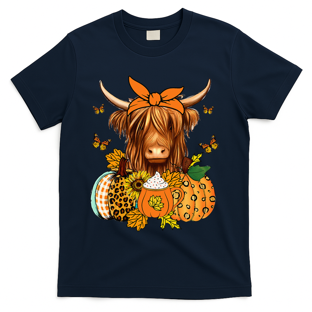 Highland Cow Fall And Leaves Pumpkins Autumn Thanksgiving T-Shirt - Navy