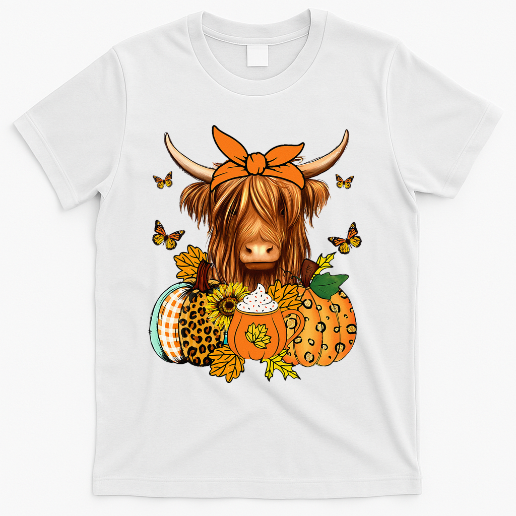 Highland Cow Fall And Leaves Pumpkins Autumn Thanksgiving T-Shirt - White