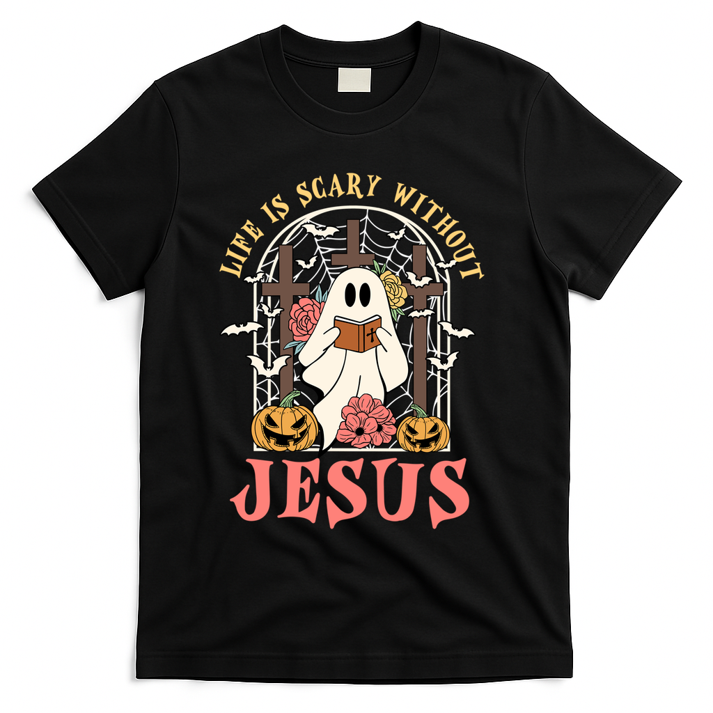 Halloween Christian Life Is Scary Without Jesus Lover Groovy Cute Gift T-Shirt - Black