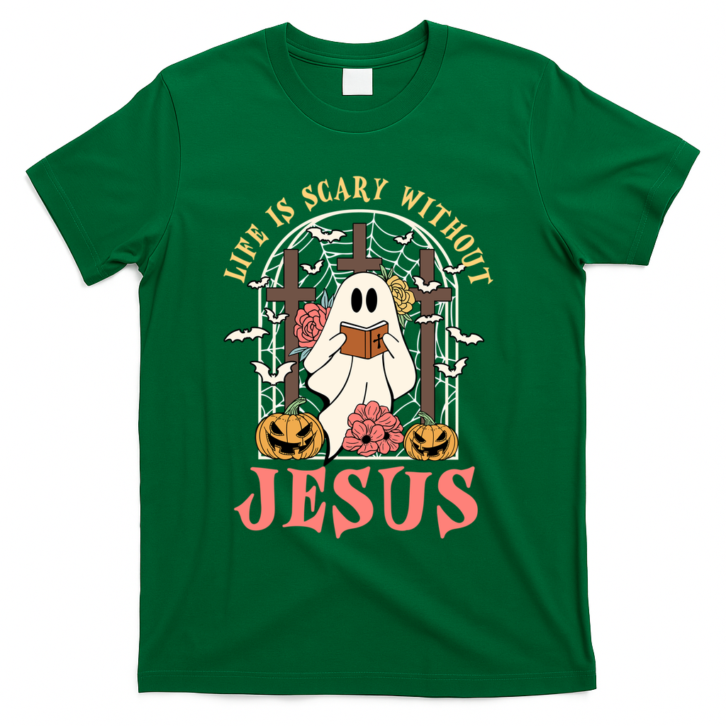 Halloween Christian Life Is Scary Without Jesus Lover Groovy Cute Gift T-Shirt - Green