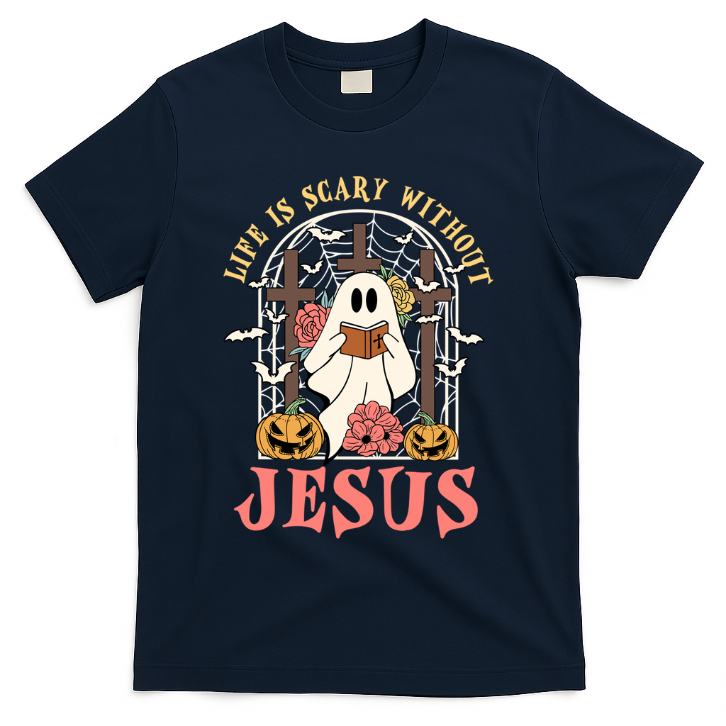 Halloween Christian Life Is Scary Without Jesus Lover Groovy Cute Gift T-Shirt - Navy