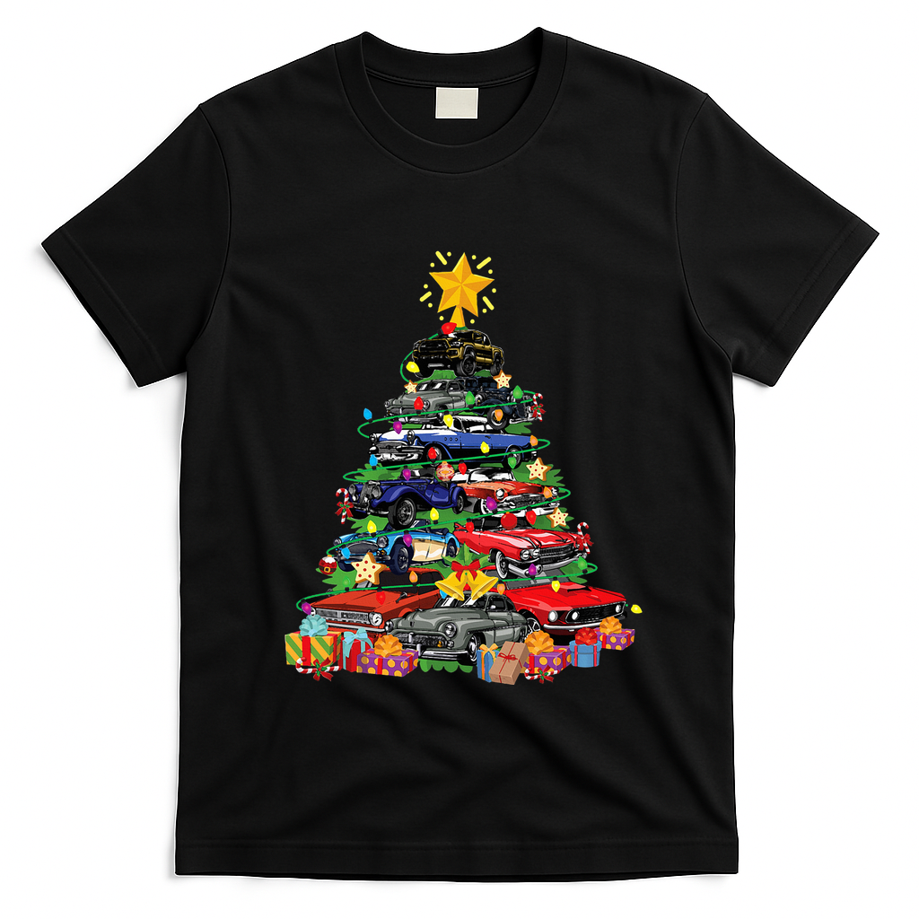 Hotrods Classic Muscle Car Christmas Tree T-Shirt - Black