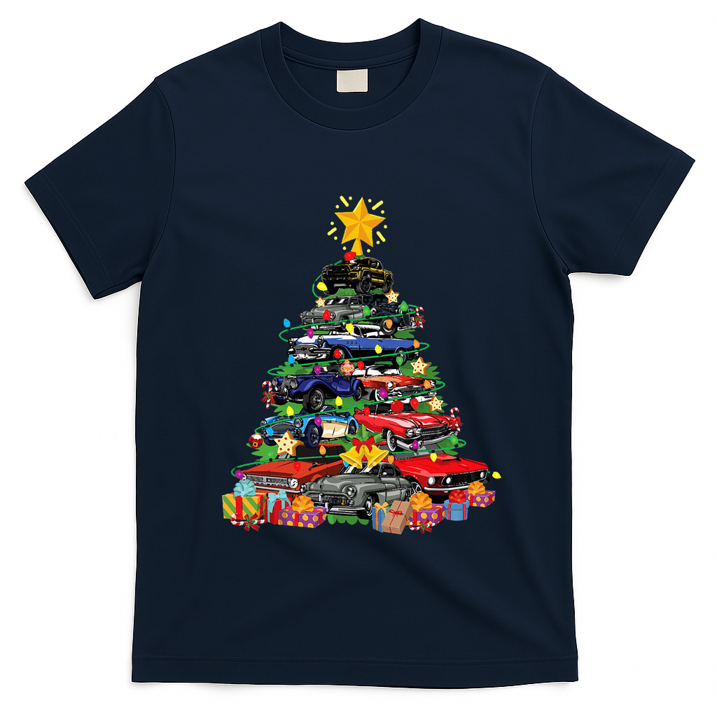 Hotrods Classic Muscle Car Christmas Tree T-Shirt - Navy Blue