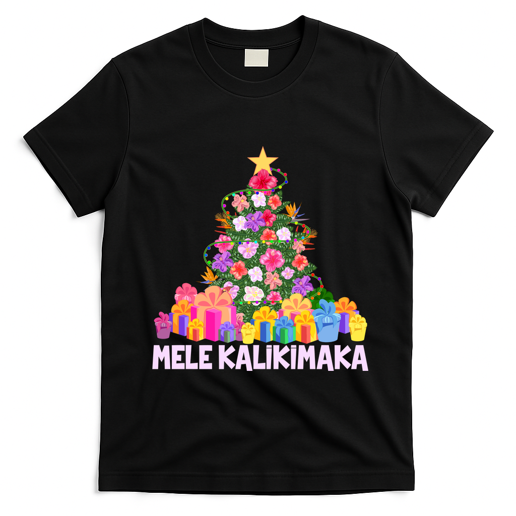 Hawaiian Christmas Mele Kalikimaka Tropical Flower Tree T-Shirt - Black