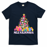 Hawaiian Christmas Mele Kalikimaka Tropical Flower Tree T-Shirt - Navy Blue