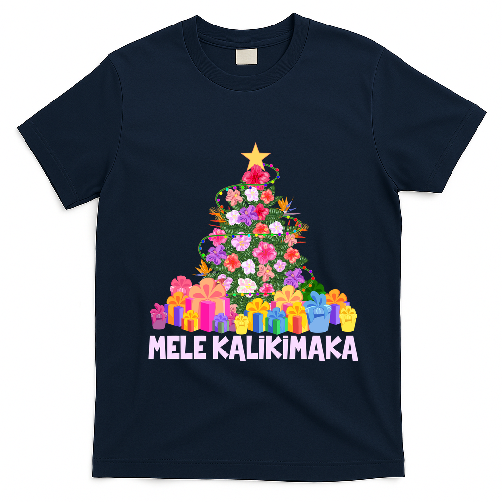 Hawaiian Christmas Mele Kalikimaka Tropical Flower Tree T-Shirt - Navy Blue