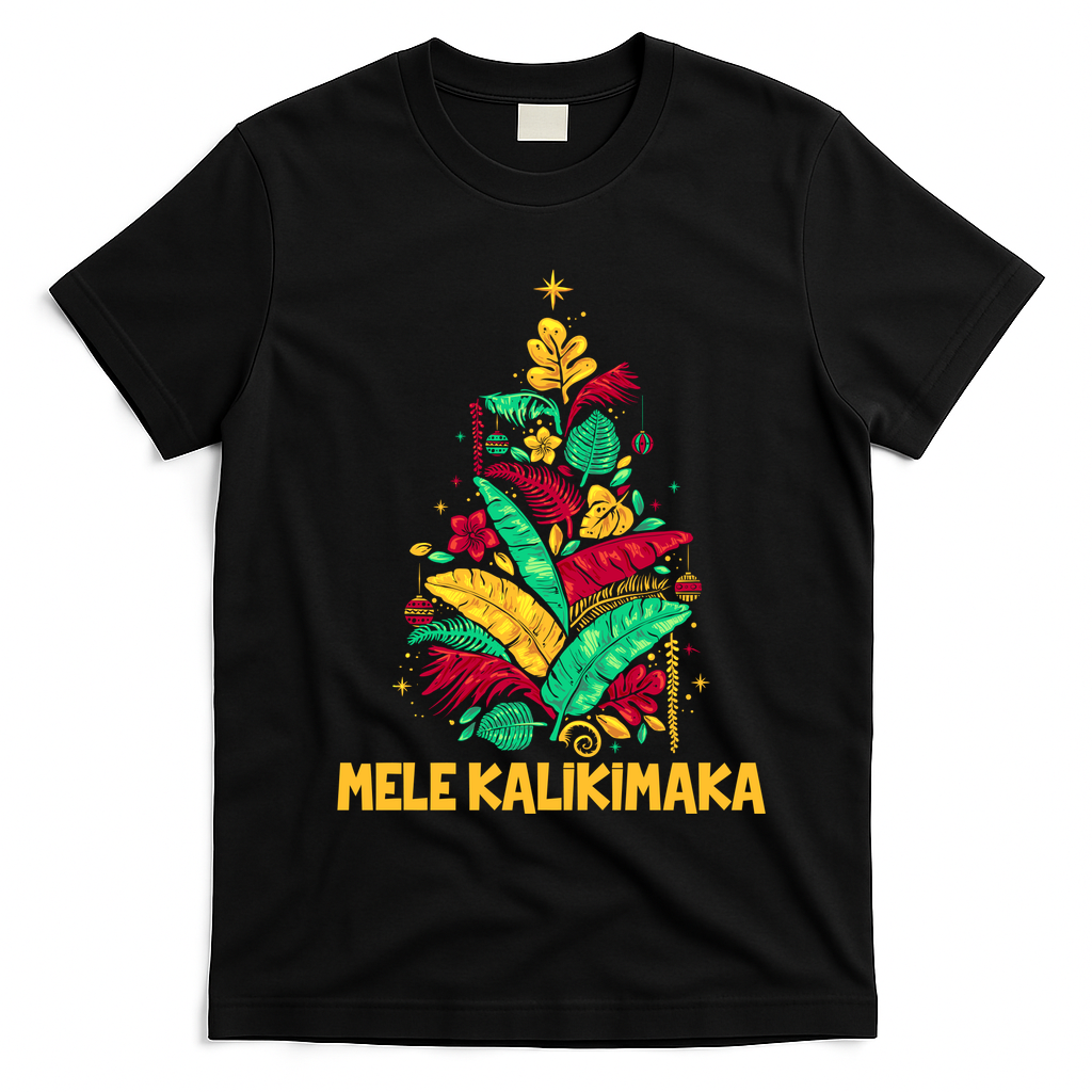 Hawaiian Christmas Mele Kalikimaka Tropical Leaves Tree T-Shirt - Black