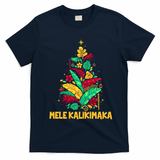 Hawaiian Christmas Mele Kalikimaka Tropical Leaves Tree T-Shirt - Navy Blue
