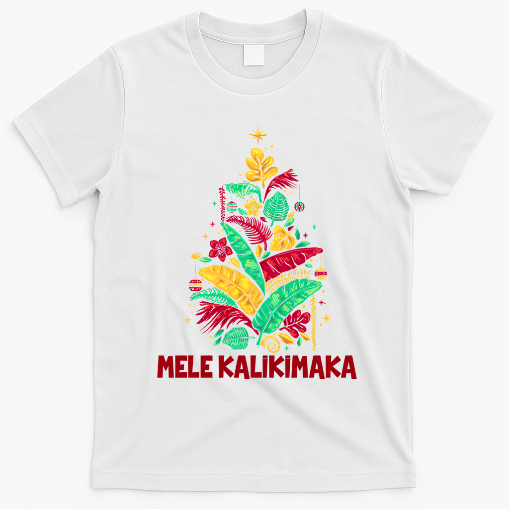 Hawaiian Christmas Mele Kalikimaka Tropical Leaves Tree T-Shirt - White