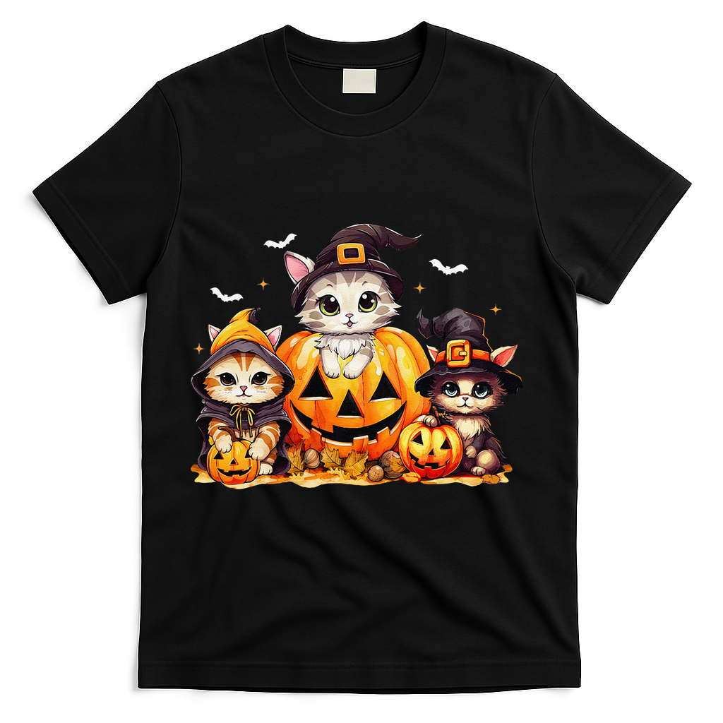 Halloween Cat Pumpkin Spooky Season Gift T-Shirt - Black