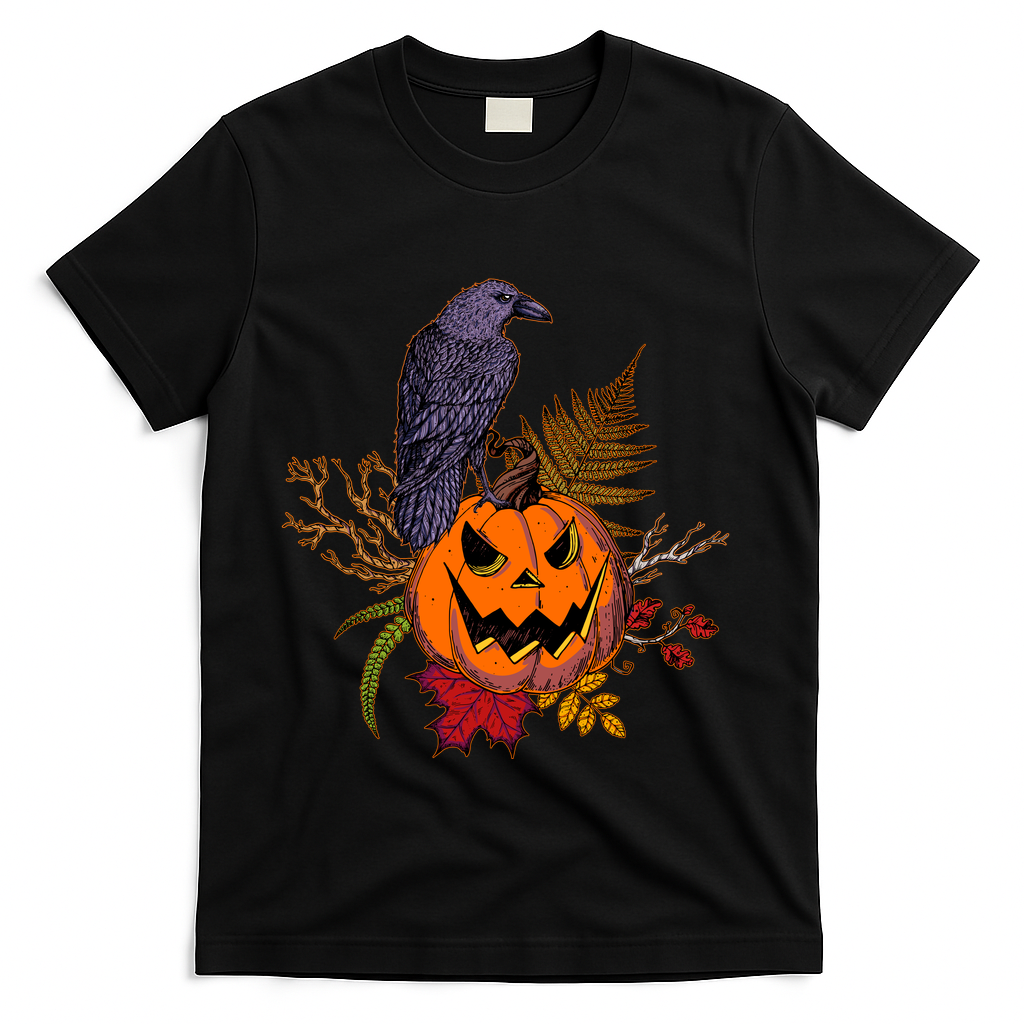 Halloween Crow Raven Pumpkin Fall Autumn Lover T-Shirt - Black