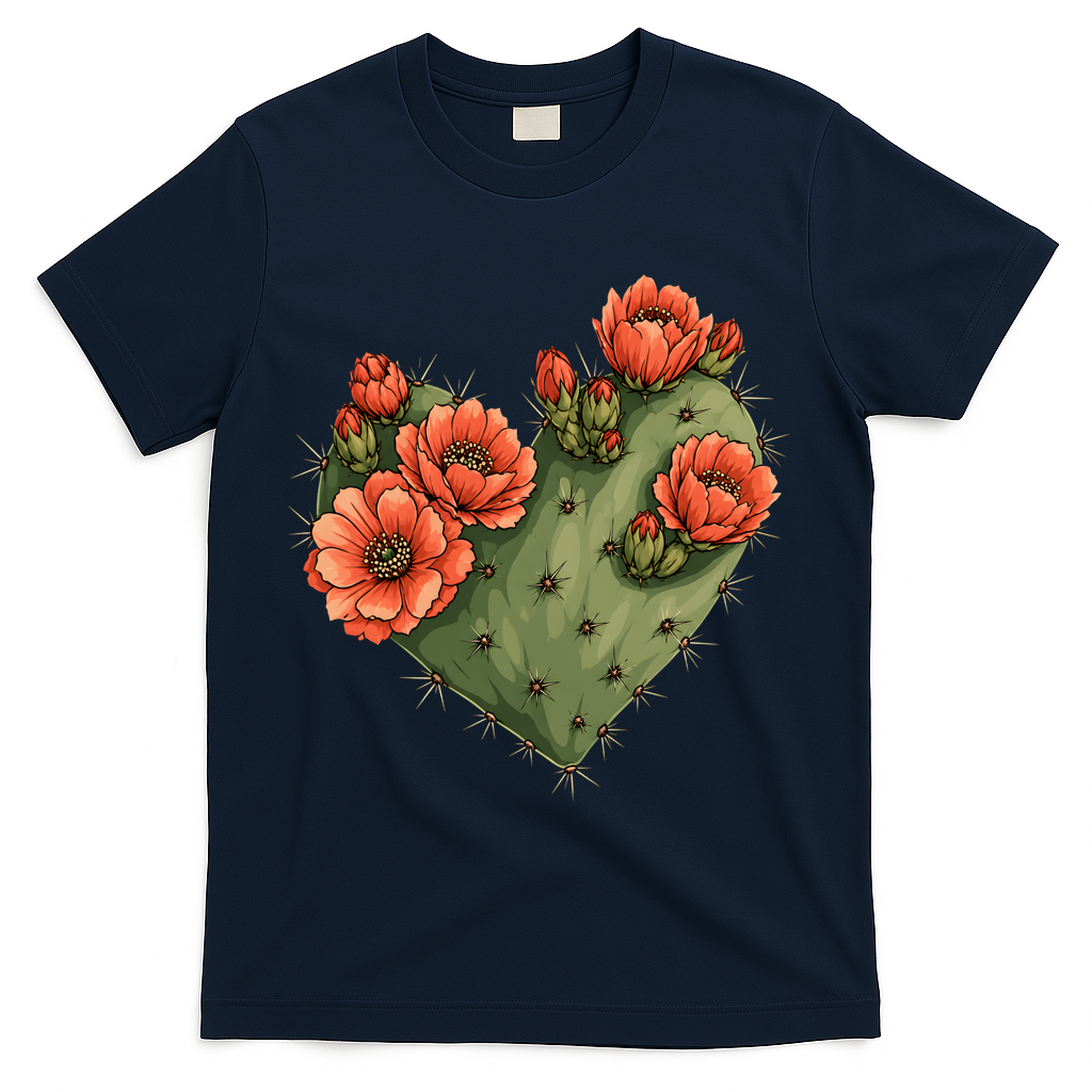 Heart Cactus Red Flower T-Shirt - Navy