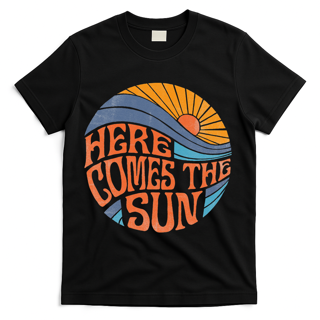 Here Comes The Sun Vintage Retro Sixties Surf Summer Beach T-Shirt - Black