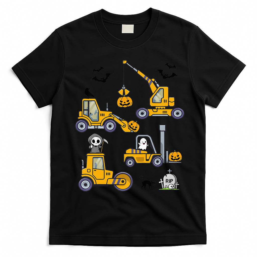 Halloween Construction Vehicles Truck Pumpkin  T-Shirt - Black