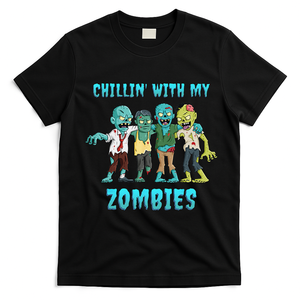 Halloween Chillin With My Zombies Funny T-Shirt - Black