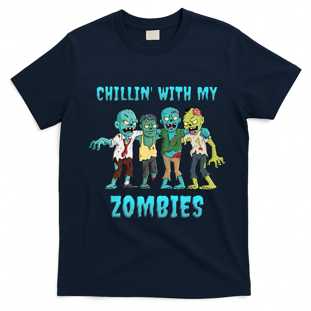 Halloween Chillin With My Zombies Funny T-Shirt - Navy Blue