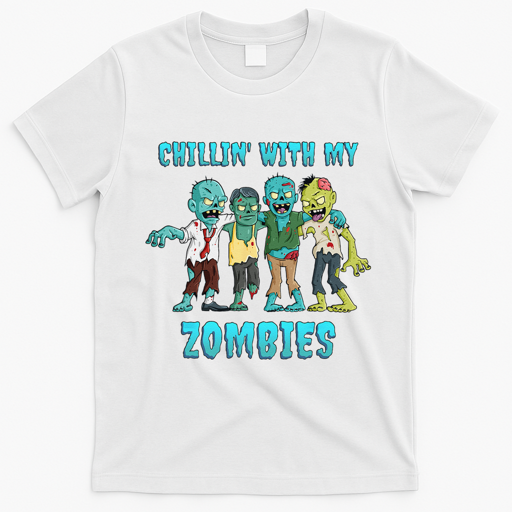 Halloween Chillin With My Zombies Funny T-Shirt - White