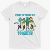 Halloween Chillin With My Zombies Funny T-Shirt - White