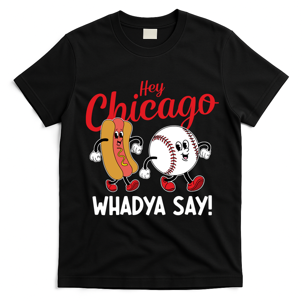 Hey Chicago Whadya Say Baseball And Hot Dog Funny Retro T-Shirt - Black