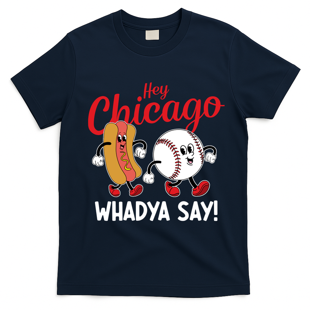Hey Chicago Whadya Say Baseball And Hot Dog Funny Retro T-Shirt - Navy Blue