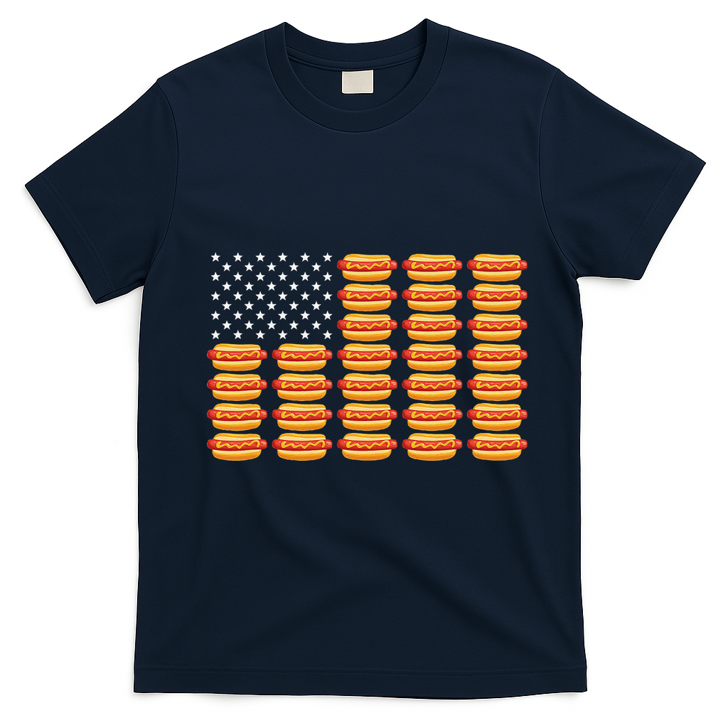 Hot Dog American Flag July 4th Patriotic Summer BBQ Funny T-Shirt - Navy Blue