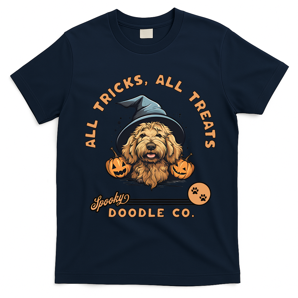 Halloween Dog All Tricks All Treats Spooky Doodle Co T-Shirt - Navy Blue
