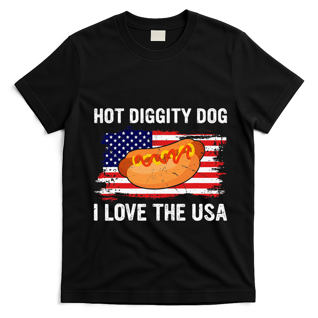 Hot Diggity Dog I Love Usa Funny T-Shirt - Black