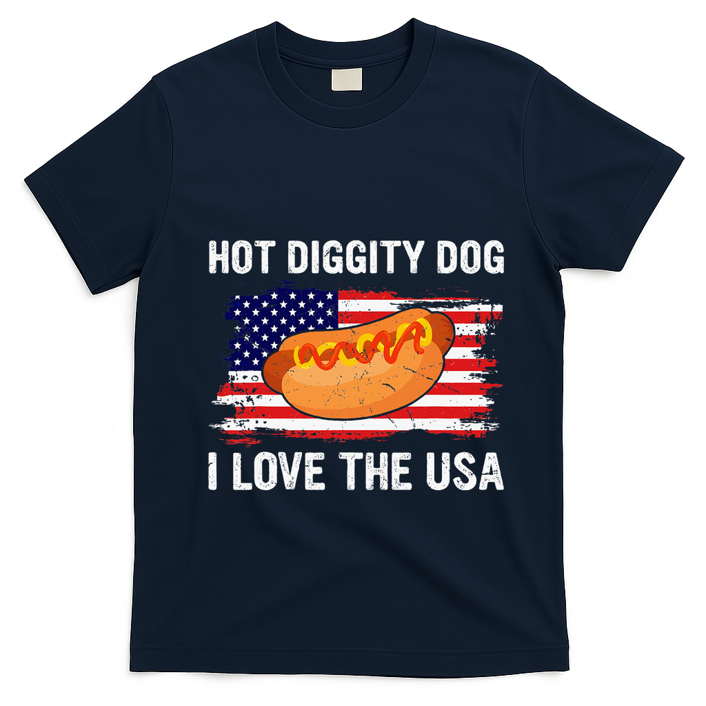 Hot Diggity Dog I Love Usa Funny T-Shirt - Navy Blue