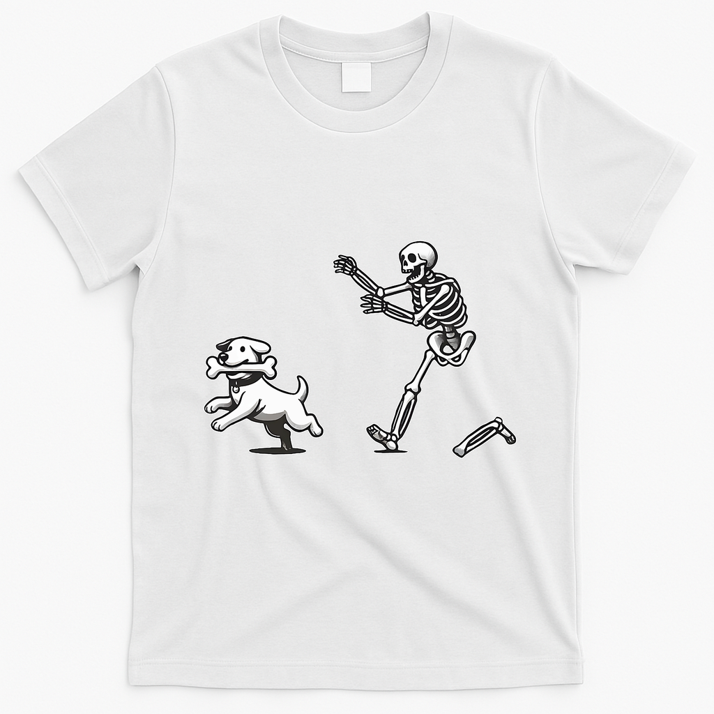 Halloween Dog Funny Skeleton Skeleton Chasing Dog T-Shirt - White