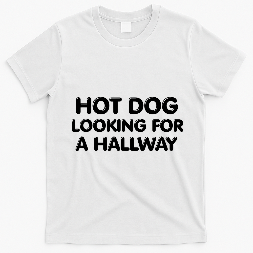 Hot Dog Looking For A Hallway Funny T-Shirt - White