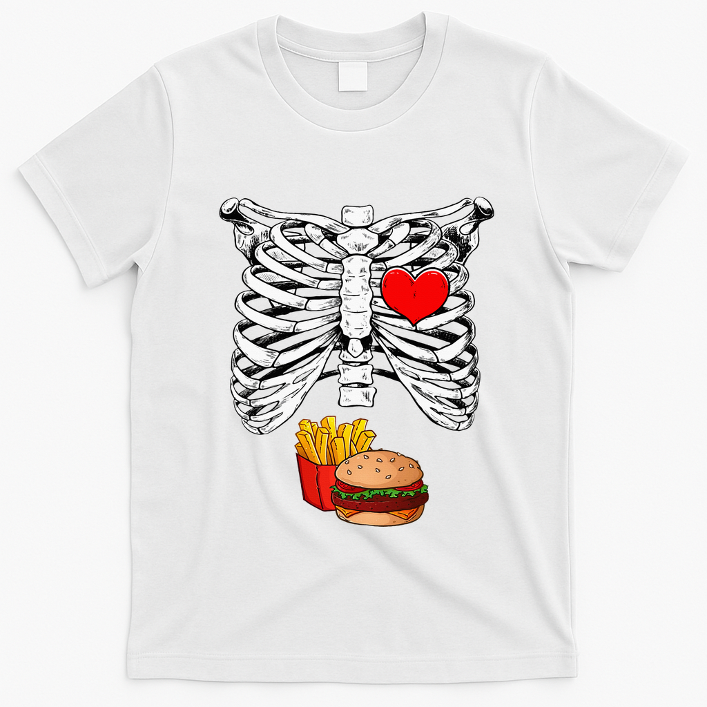 Halloween Dad Skeleton Pregnancy Hamburger Fries Xray Funny T-Shirt - White