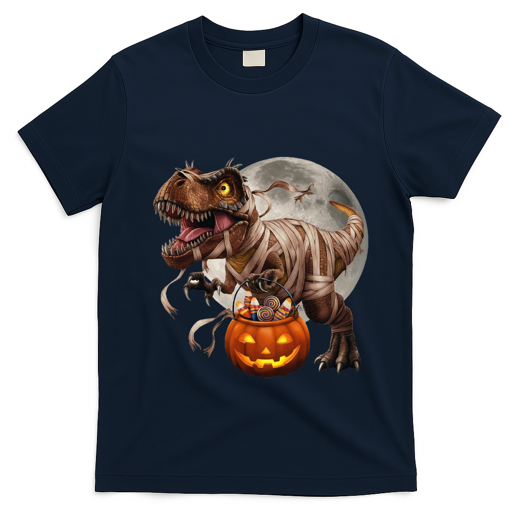 Halloween Dinosaur T Rex Pumpkin T-Shirt - Navy Blue