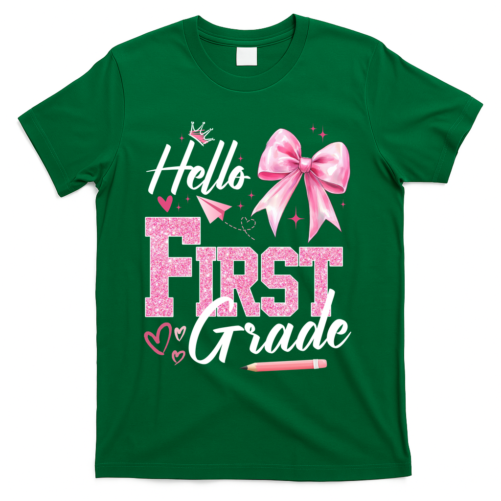 Hello First 1st Grade First Day Of School Coquette Teacher T-Shirt - Green