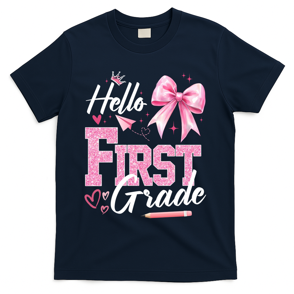 Hello First 1st Grade First Day Of School Coquette Teacher T-Shirt - Navy