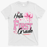 Hello First 1st Grade First Day Of School Coquette Teacher T-Shirt - White